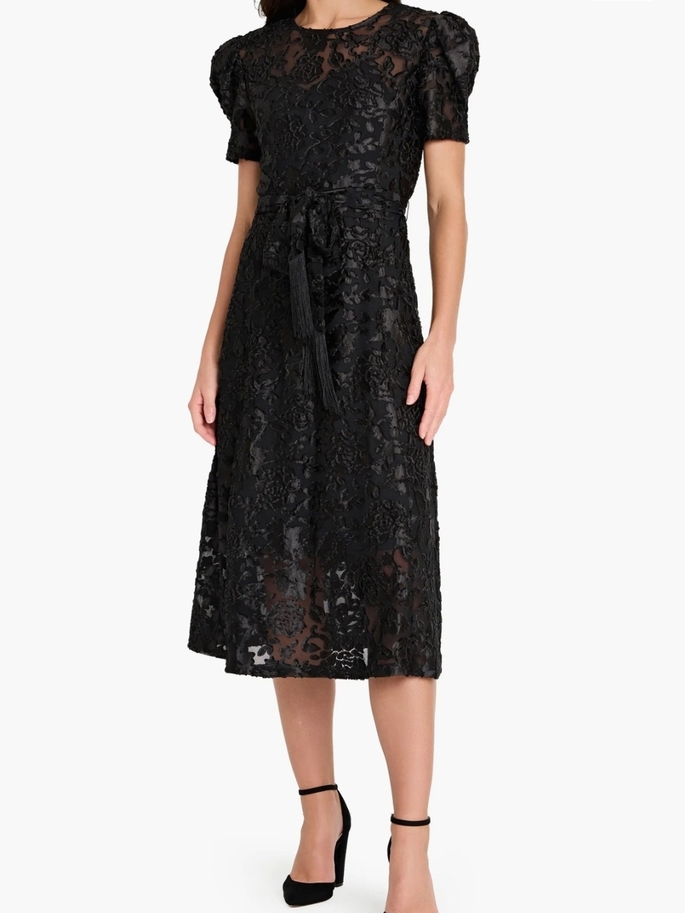 Tahari Black Lace Midi Dress with Self Tie Waist Size 6 Petite Sheer!